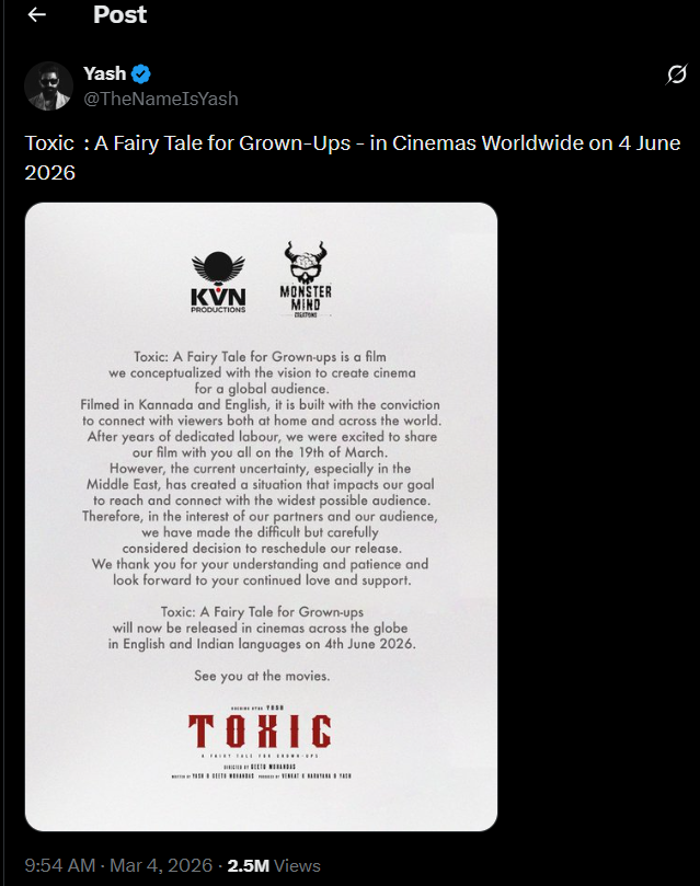 Toxic Movie Release Date Postponed