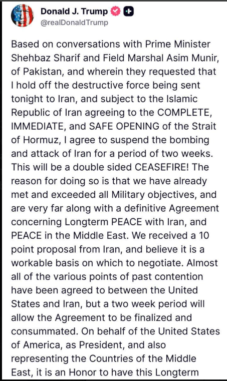  2 week ceasefire Iran US