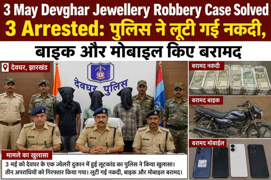 3 May Devghar Jewellery Robbery Case Solved 3 Arrested: पुलिस ने लूटी गई नकदी, बाइक और मोबाइल किए बरामद
