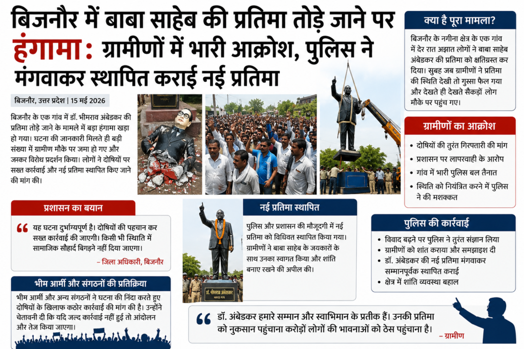 Uproar Over Demolition of Ambedkar’s Statue in Bijnor: ग्रामीणों में आक्रोश, पुलिस ने मंगवाकर स्थापित कराई नई प्रतिमा