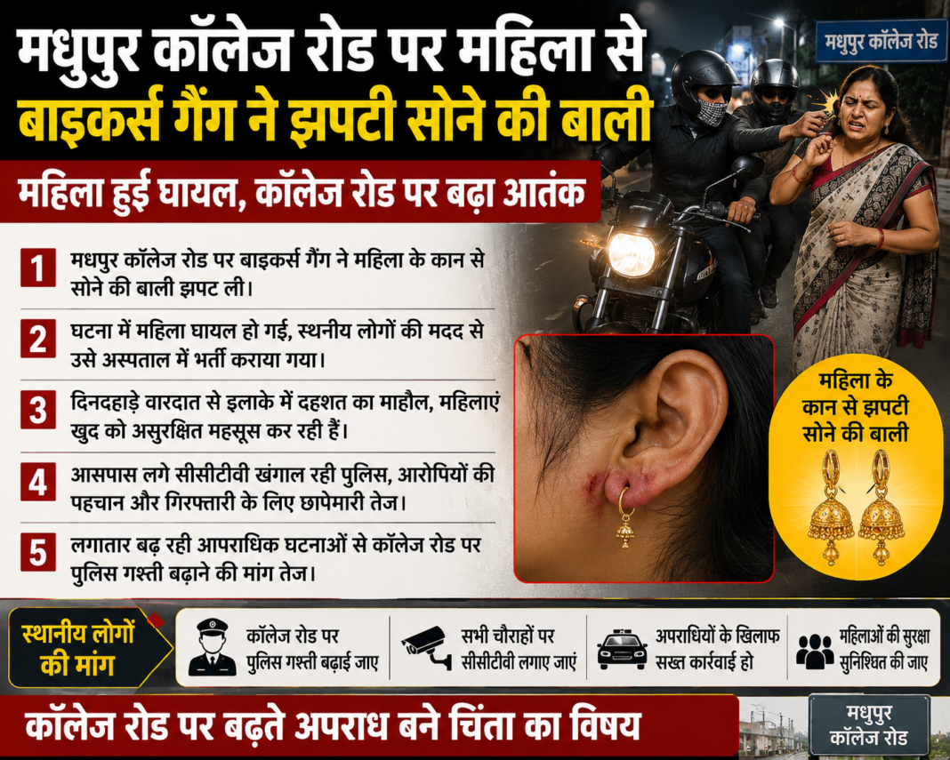 Madhupur College Road Woman: बाइकर्स गैंग ने झपटी सोने की बाली – महिला हुई घायल, कॉलेज रोड पर बढ़ा आतंक Madhupur College