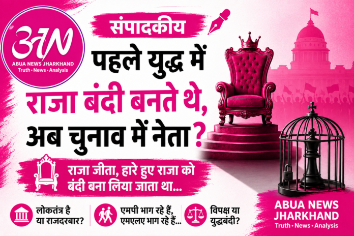 "पहले युद्ध में राजा बंदी बनते थे, अब चुनाव में नेता?" लोकतंत्र में हारने वाला विरोधी है या युद्धबंदी? पढ़िए अबुआ न्यूज़ झारखंड का विशेष संपादकीय। "पहले युद्ध में राजा बंदी बनते थे, अब चुनाव में नेता?" लोकतंत्र में हारने वाला विरोधी है या युद्धबंदी? पढ़िए अबुआ न्यूज़ झारखंड का विशेष संपादकीय।