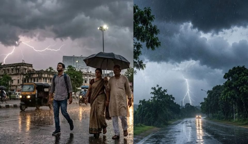 Dark storm clouds over Jharkhand with heavy rain and lightning forecast in Ranchi and other districts from October 27 to 30, 2026.