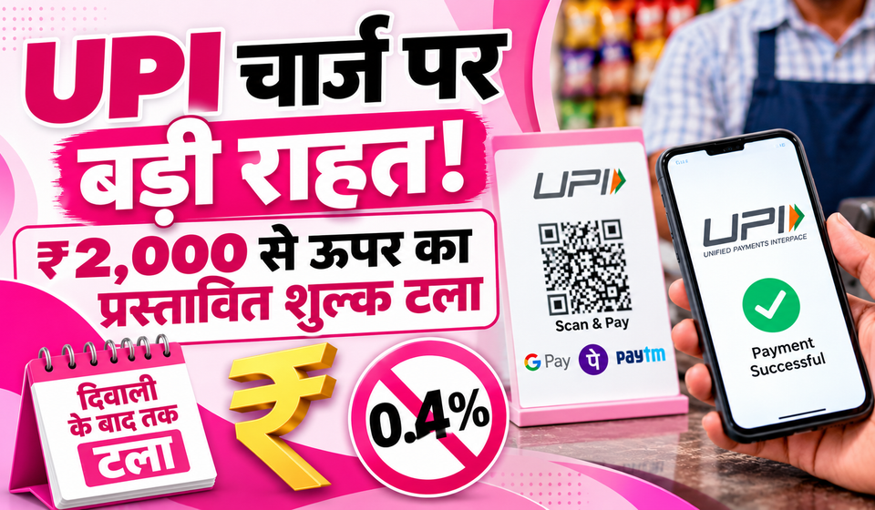 UPI Charges 2026: ₹2,000 से ऊपर के चुनिंदा UPI मर्चेंट पेमेंट पर प्रस्तावित 0.4% शुल्क टला, गुलाबी और सफेद न्यूज़ थंबनेल में UPI QR कोड और डिजिटल पेमेंट दिखाया गया है।