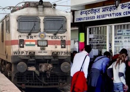 Indian Railways ticket booking counter with a passenger making a digital payment for travel insurance. Indian railway