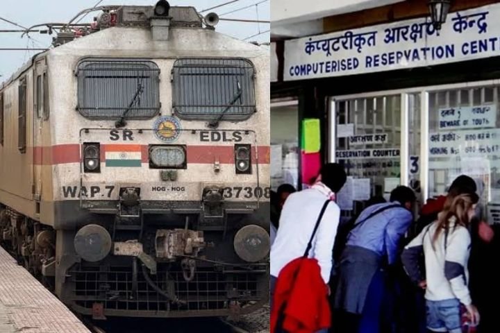 Indian Railways ticket booking counter with a passenger making a digital payment for travel insurance. Indian railway