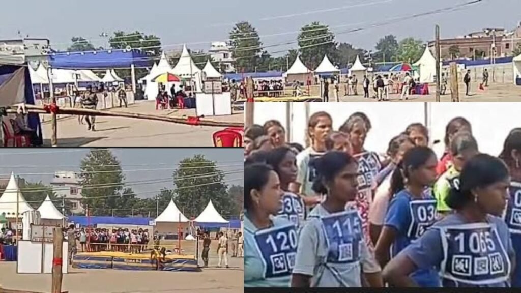 Female candidates participate in the Ramgarh Home Guard physical efficiency test under RFID and drone surveillance.