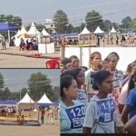 Female candidates participate in the Ramgarh Home Guard physical efficiency test under RFID and drone surveillance.