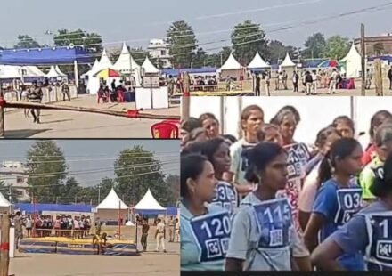 Female candidates participate in the Ramgarh Home Guard physical efficiency test under RFID and drone surveillance.