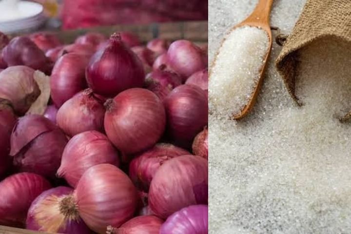 Rising onion and sugar prices amid food inflation in India.Onion and Sugar Price Hike