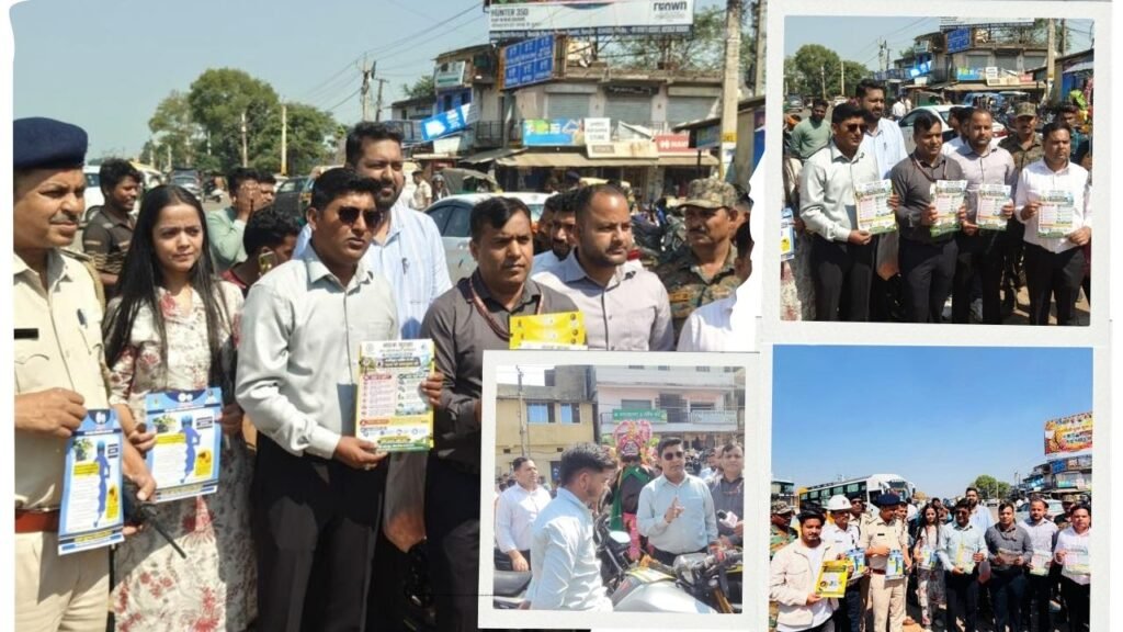 Road safety awareness campaign in rural Ranchi educating drivers about helmet use and traffic rules.