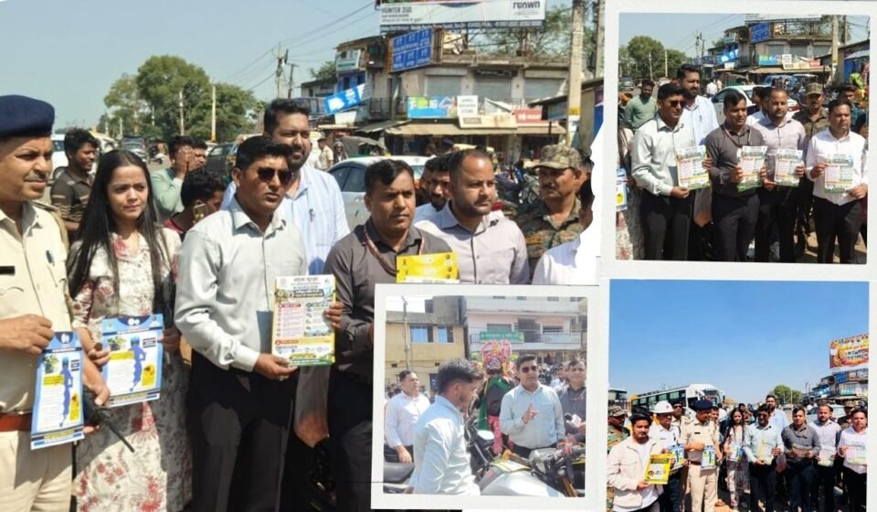 Road safety awareness campaign in rural Ranchi educating drivers about helmet use and traffic rules.