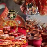 Women shopping for Karwa Chauth 2026, including traditional sarees, colorful bangles, chooda and puja thalis in a busy market.Karwa Chauth 2026