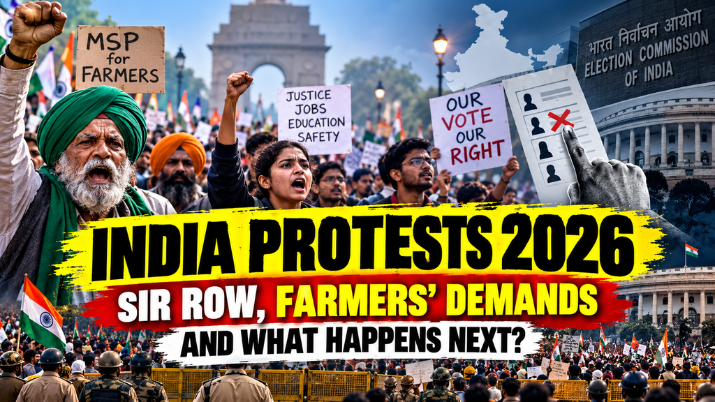 llustration of India Protests 2026 showing farmers, students and citizens raising concerns over SIR voter list revision, MSP and voting rights.