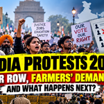 llustration of India Protests 2026 showing farmers, students and citizens raising concerns over SIR voter list revision, MSP and voting rights.
