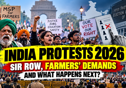 llustration of India Protests 2026 showing farmers, students and citizens raising concerns over SIR voter list revision, MSP and voting rights.