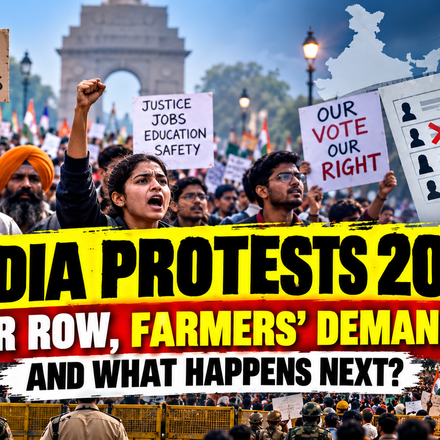 llustration of India Protests 2026 showing farmers, students and citizens raising concerns over SIR voter list revision, MSP and voting rights.