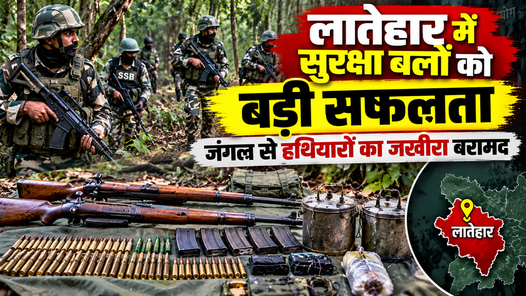 AI-generated illustration of Latehar Police and SSB search operation in Jharkhand forest, highlighting the reported recovery of rifles, ammunition and IED-related materials.